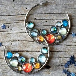 NEW Silver and Multicolor Glass Cabochon Hoop Earrings Pierced